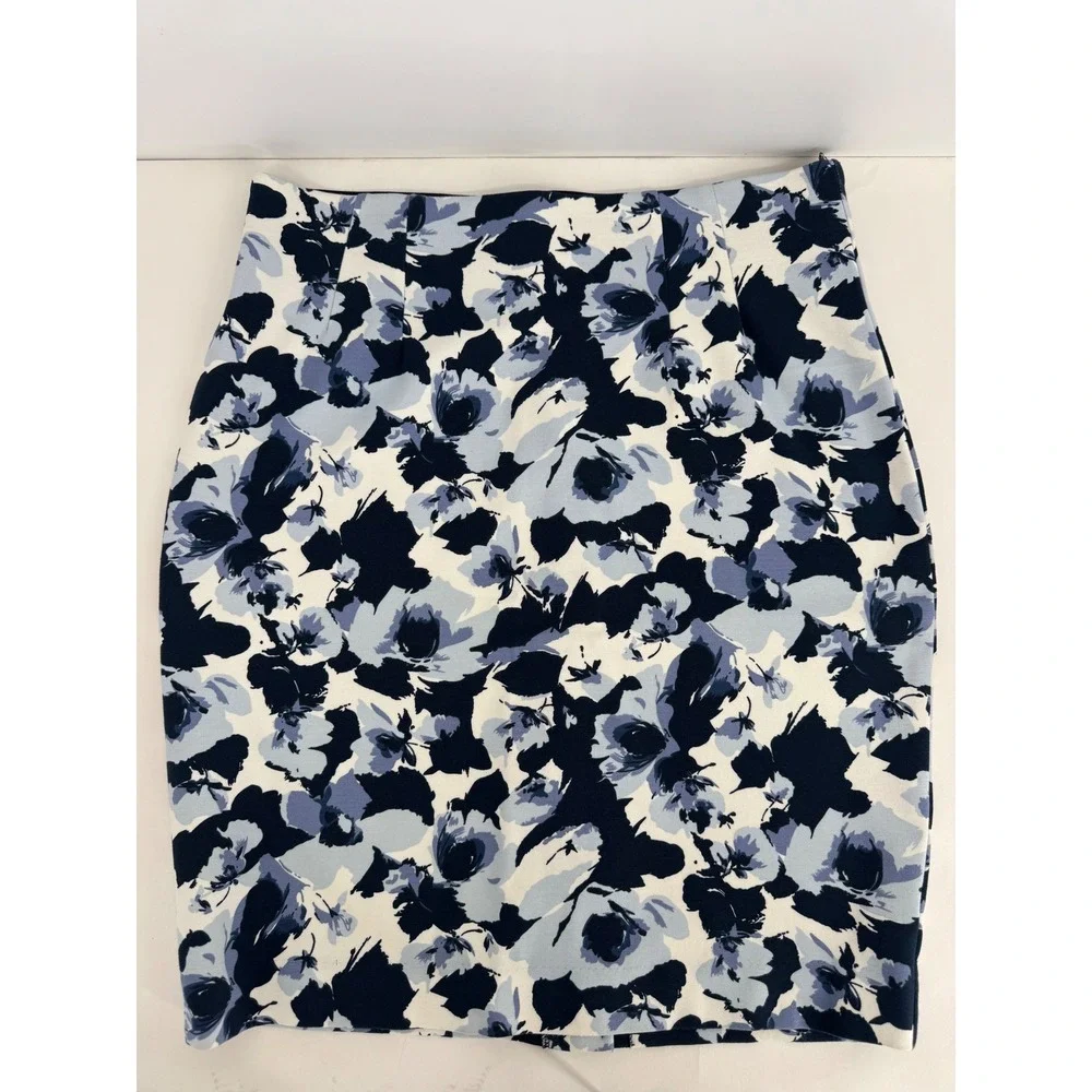 Amanda + Chelsea Womens Blue Floral Pencil Skirt Sz 10 Stretch Knee Length